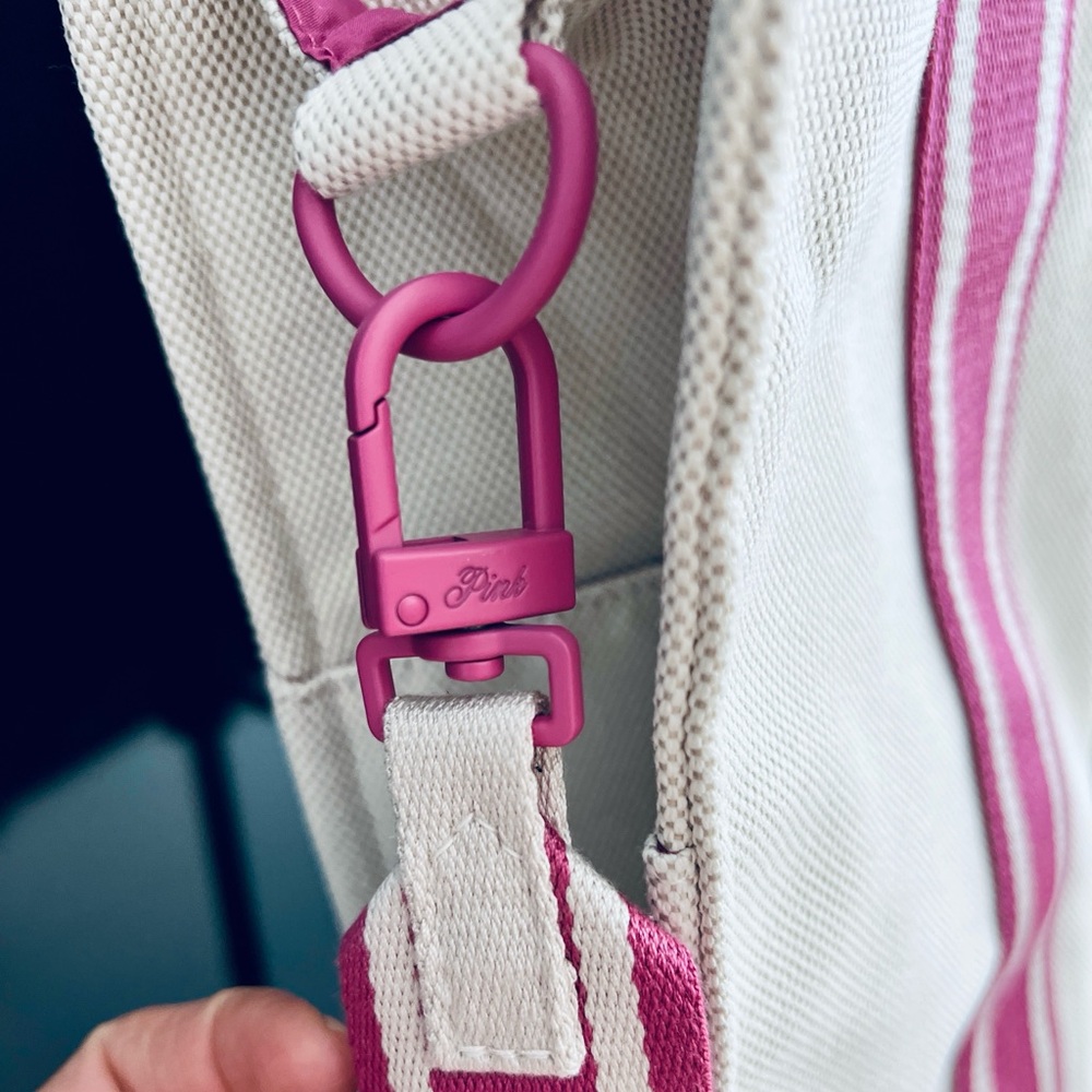 Victoria's Secret PINK Crossbody LARGE SIZE Canvas Tote Bag CREAM & PINK ALL NEW - Picture 4 of 7